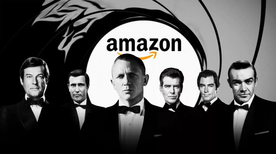 Шість виконавців ролі Джеймса Бонда в смокінгах під логотипом Amazon