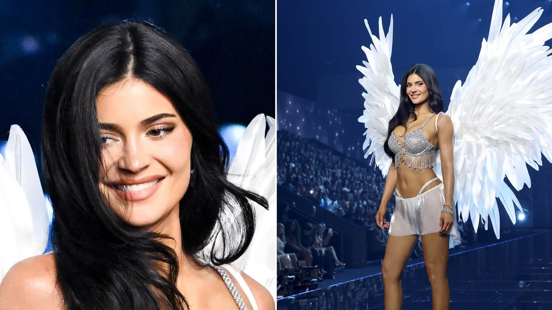 Kylie Jenner sourit devant des ailes blanches, et Kylie Jenner en soutien-gorge de diamants et ailes sur le podium
