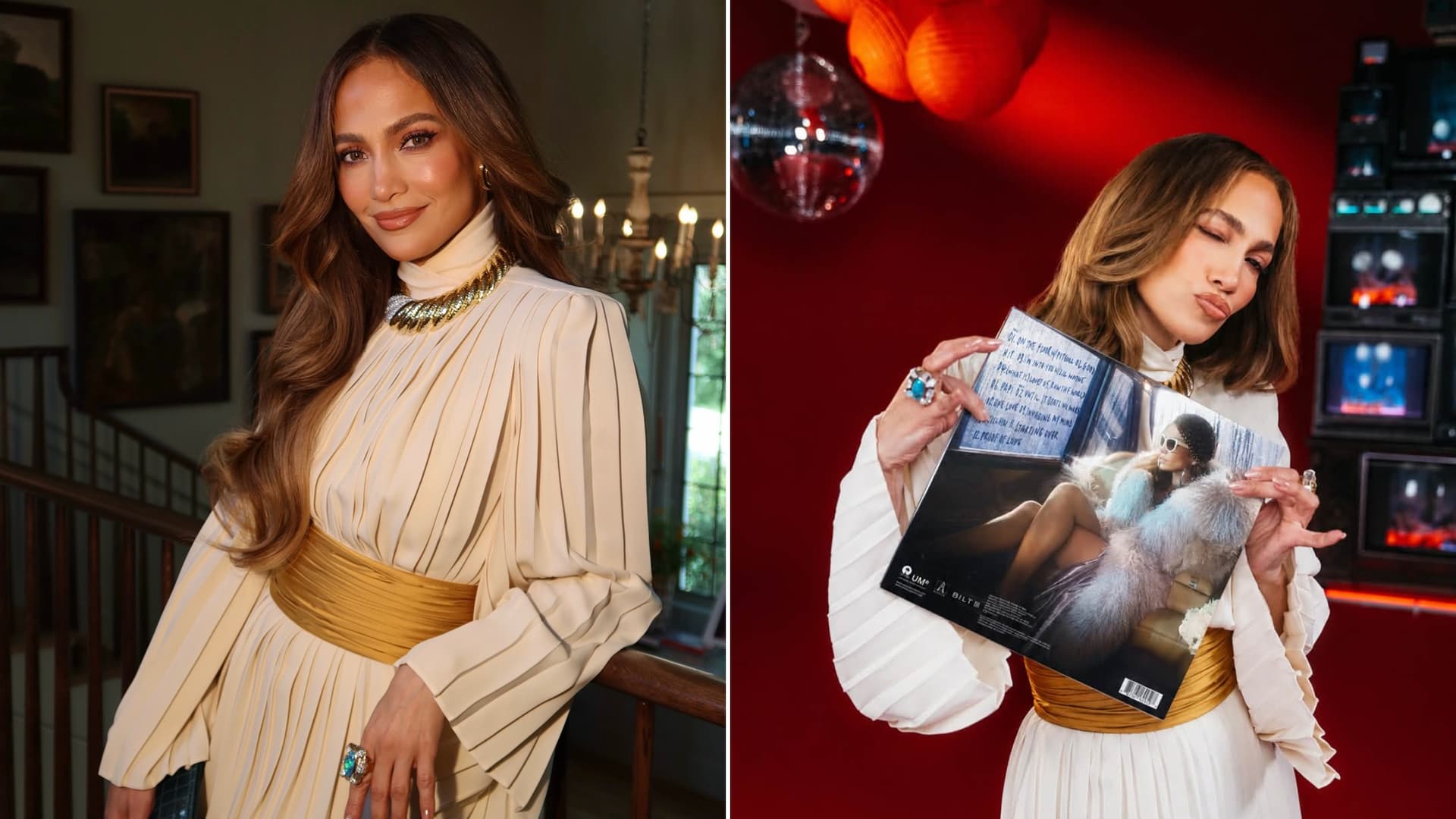 Jennifer Lopez en robe claire dans un escalier, et Jennifer Lopez avec le vinyle LOVE ? sur fond rouge