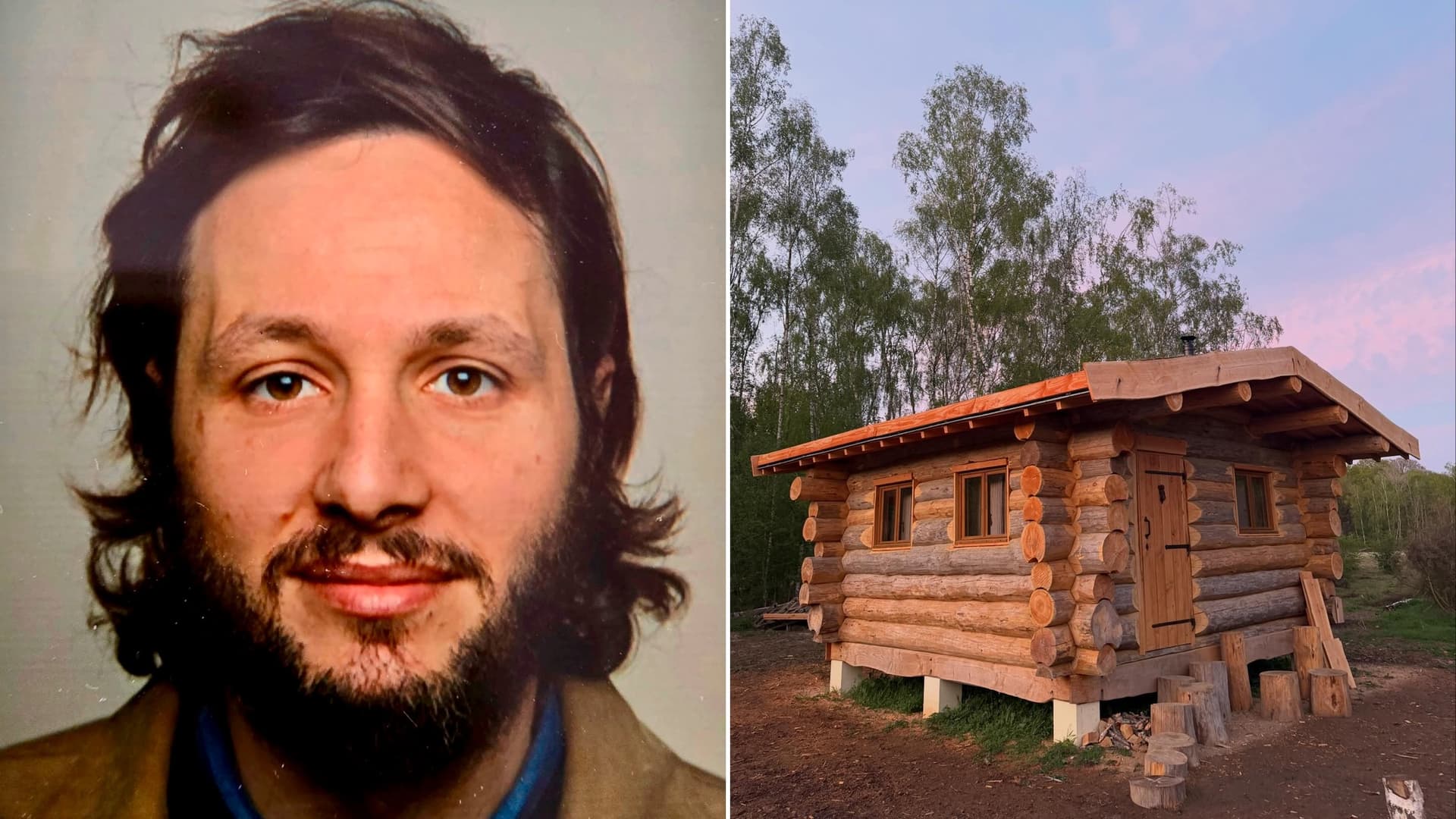 Портрет усміхненого Віанне з бородою і деревʼяна хатина з колод серед беріз
