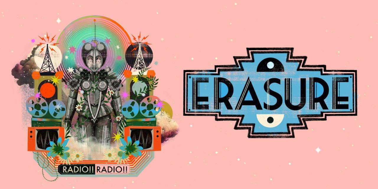 Обкладинка альбому «Radio!! Radio!!» з жінкою-роботом серед радіовеж, котушкових магнітофонів і квітів, поруч логотип Erasure на рожевому тлі